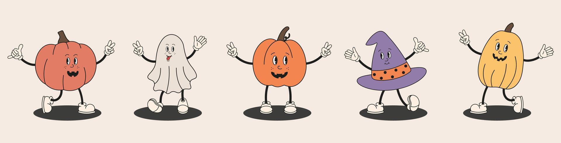 Halloween retro groovy characters collection. Cute funny Mascot personage. Groovy Hippy Halloween pumpkin, spooky ghost, witch hat in different poses for card, banner, poster, party invitation. vector