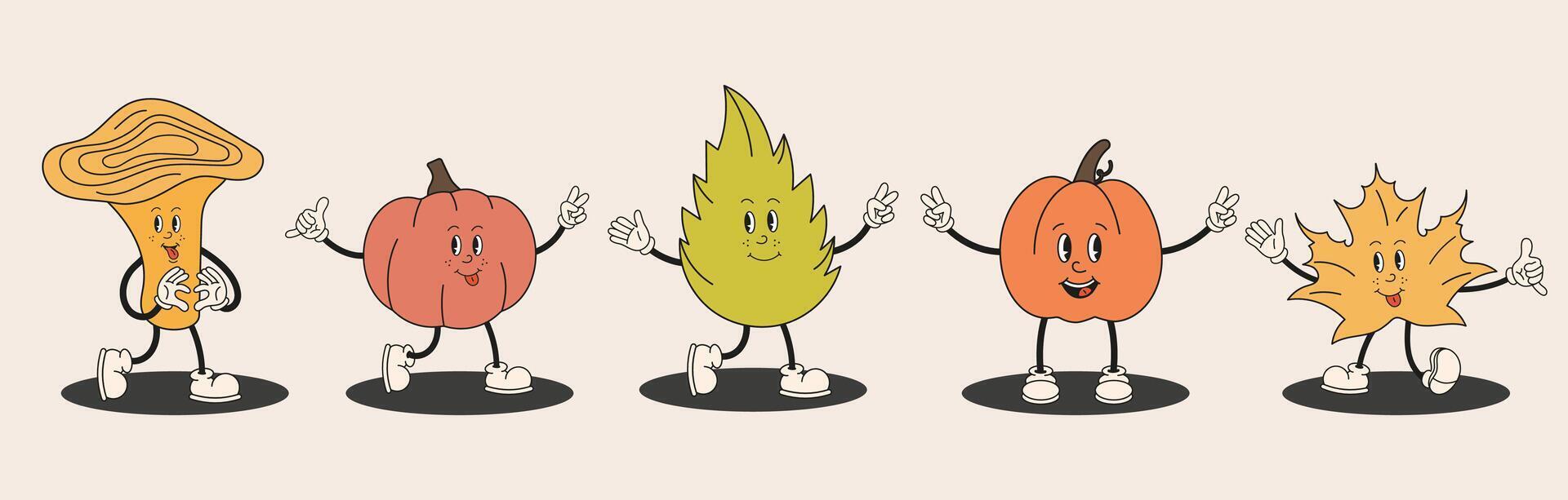 Autumn collection of happy cartoon characters, leaf, pumpkin, mushroom, chanterelle. Cute autumn mascot in retro groovy style for seasonal designs, cards, prints. Hello autumn banner, harvest time. vector