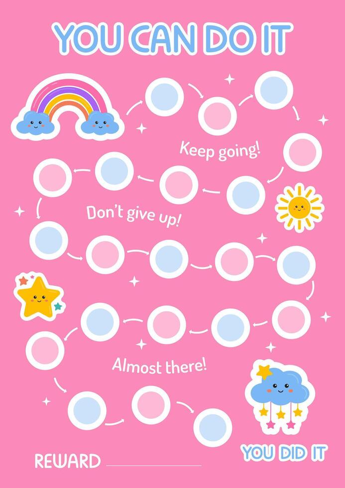 Printable rainbow reward chart for little girl princess. Sticker behavior chart, chore chart for kids. Toddler routine chart. Potty training. Toddler routine. vector