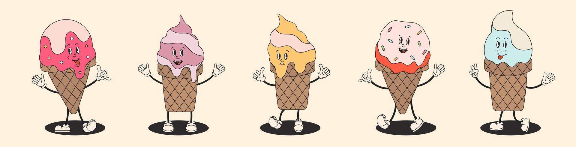 Ice cream sweet characters collection in retro groovy style. Ice cream in cones, popsicle with toppings. Cute set of funny Hippy Ice cream mascots. For poster, flyer, party invitation, banner. vector