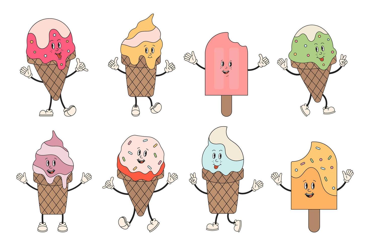 Ice cream sweet characters collection in retro groovy style. Ice cream in cones, popsicle with cute faces in various poses. Cute set of funny Hippy ice cream mascots personage. Summer delicacy, gelato vector