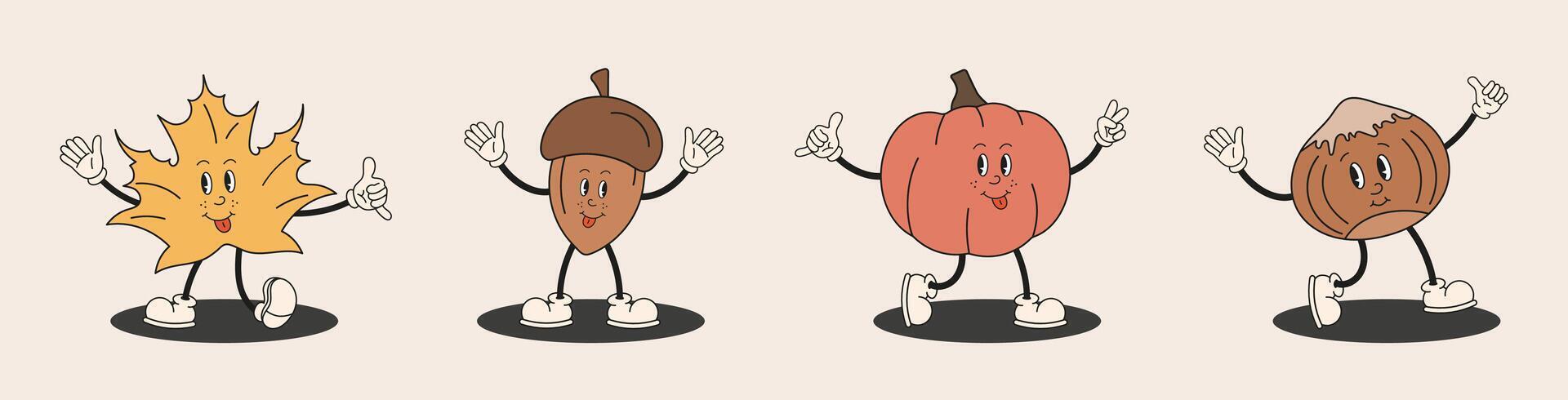 Playful autumn themed characters. Leaf, mushroom, acorn, maple, pumpkin, hazelnut. Cute retro groovy mascot perfect for seasonal designs, cards, prints. vector