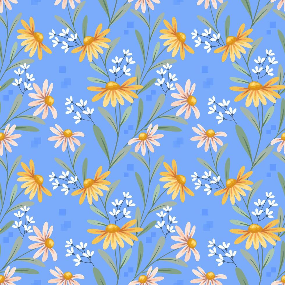 Yellow coneflower with white small flowers on blue background. vector