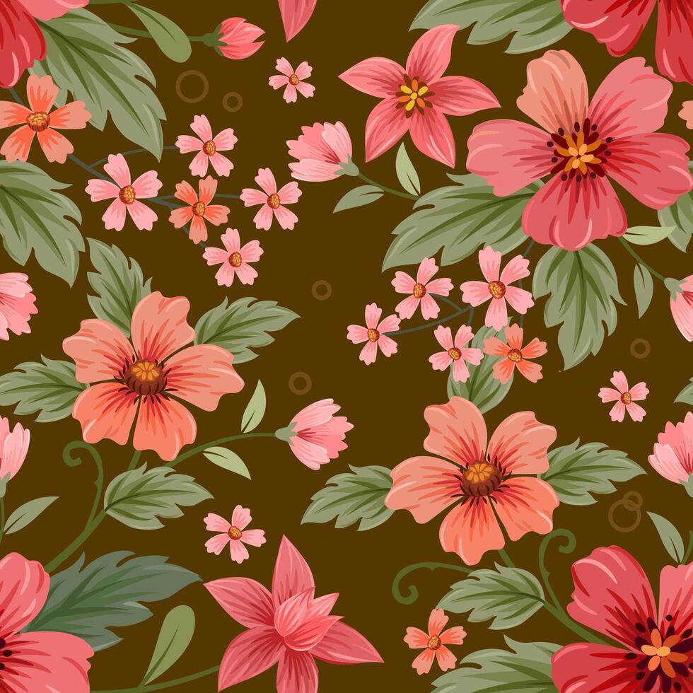Red flowers with green leaf on brown color background seamless pattern. vector
