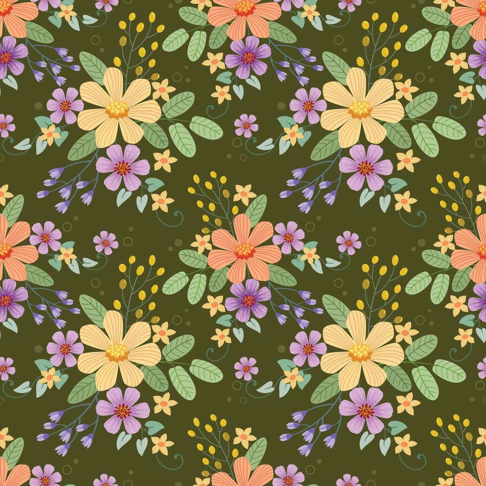 Beautiful flowers design on green color background seamless pattern. vector