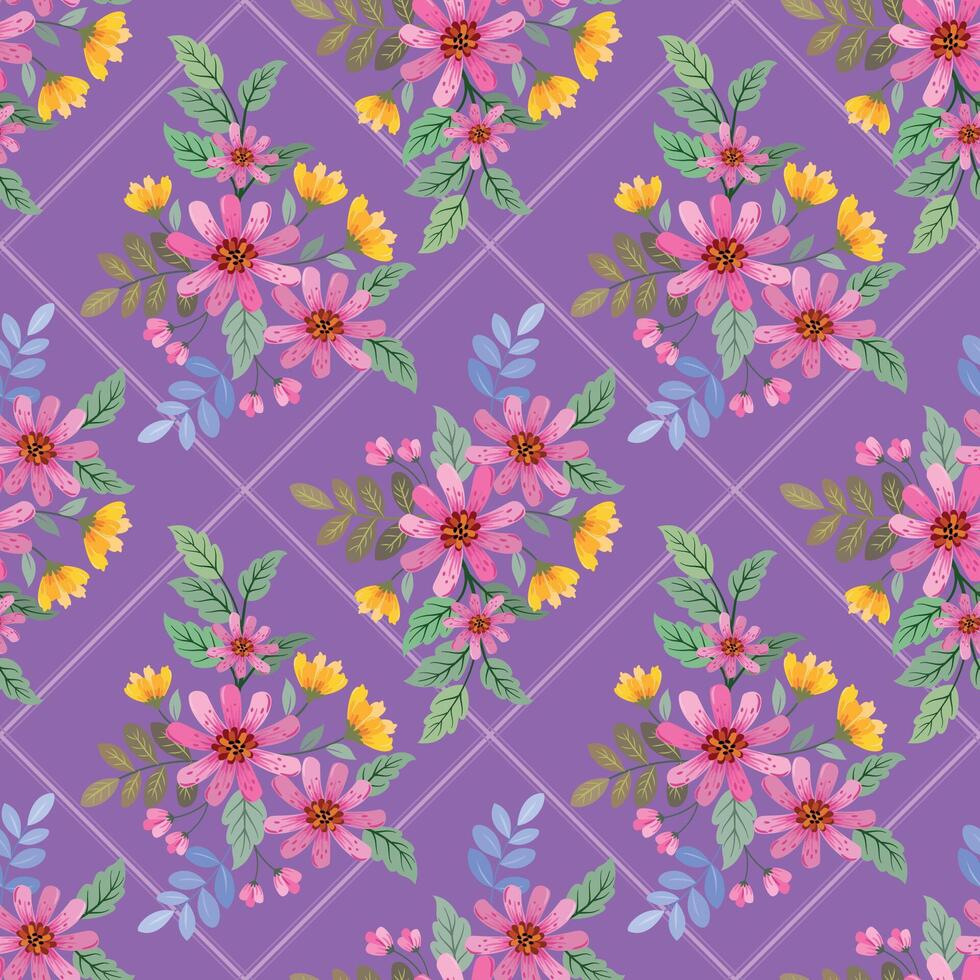 Beautiful blooming flowers on purple color background seamless pattern. vector