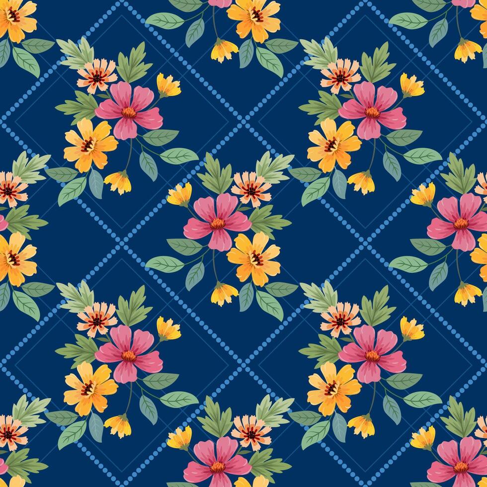 Beautiful blooming flowers design on blue color background seamless pattern. vector