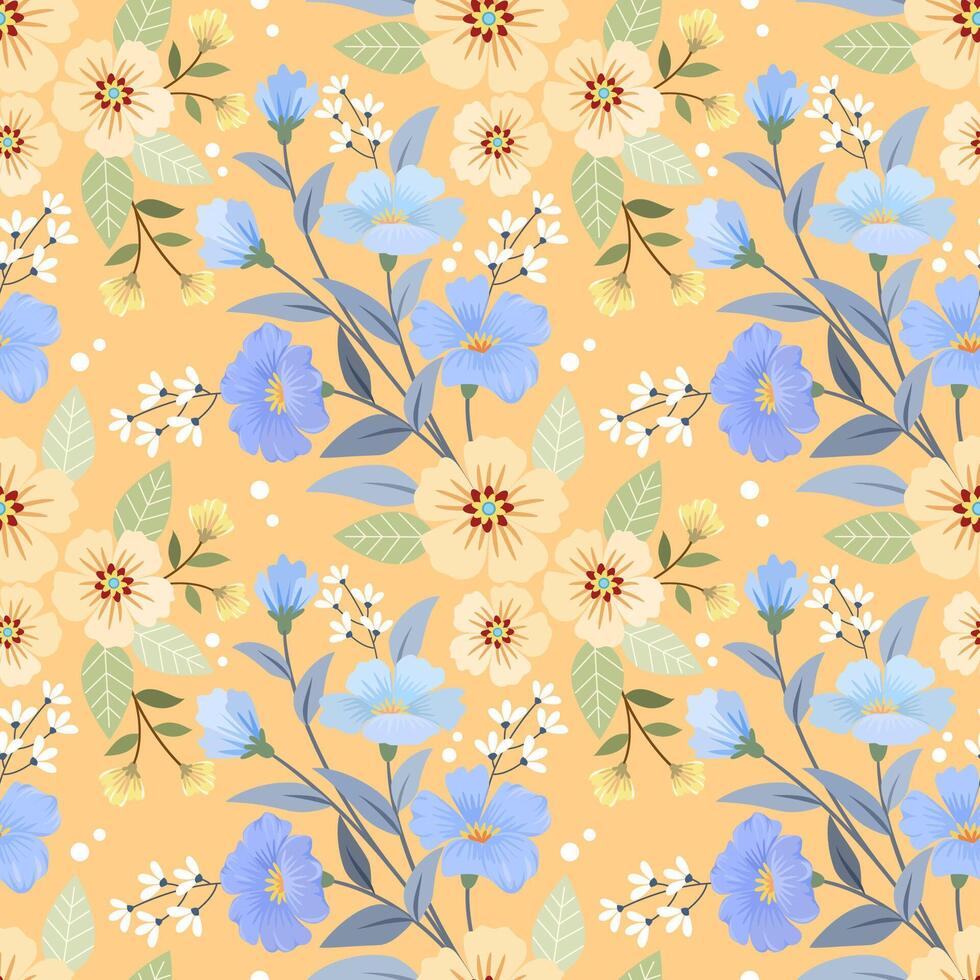 Beautiful blue flowers on yellow background seamless pattern. vector