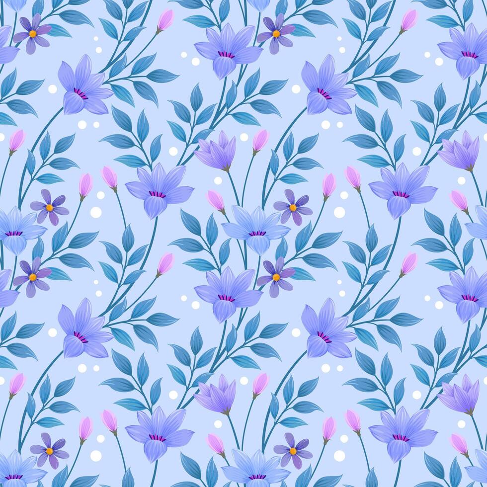 Seamless floral pattern on blue monochrome for background vector