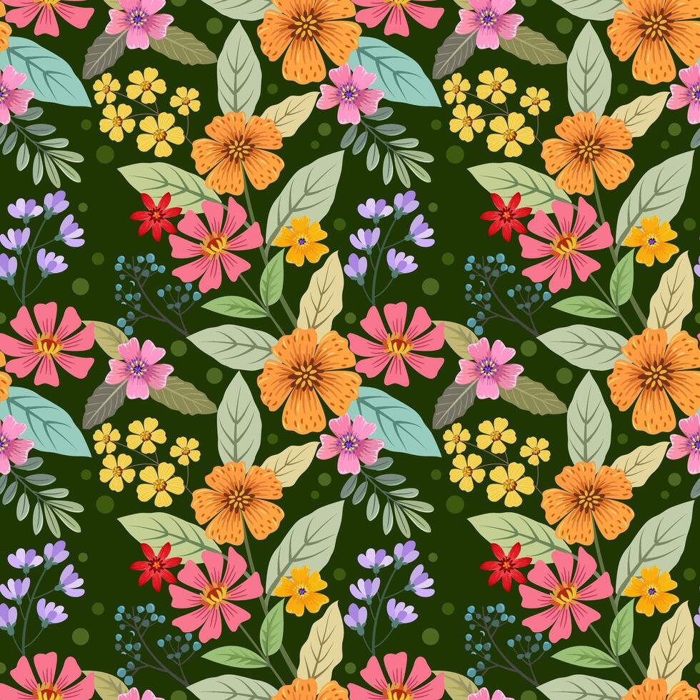 Beautiful flowers design on green color background seamless pattern. vector