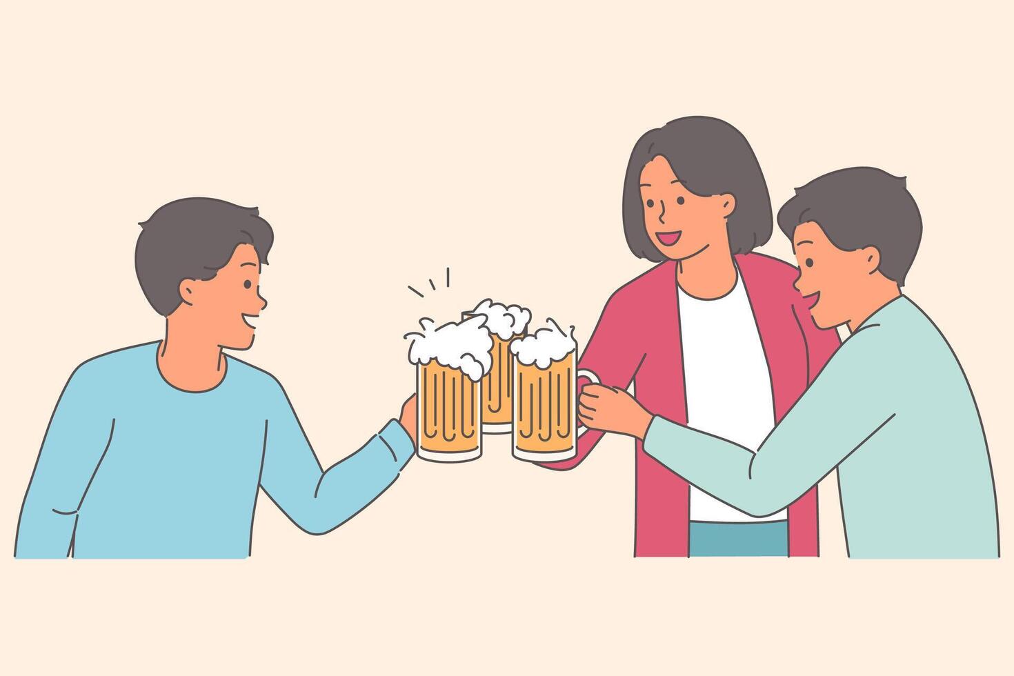 Beer party with group of friends holding mugs of foamy drink while visiting bar or tavern vector