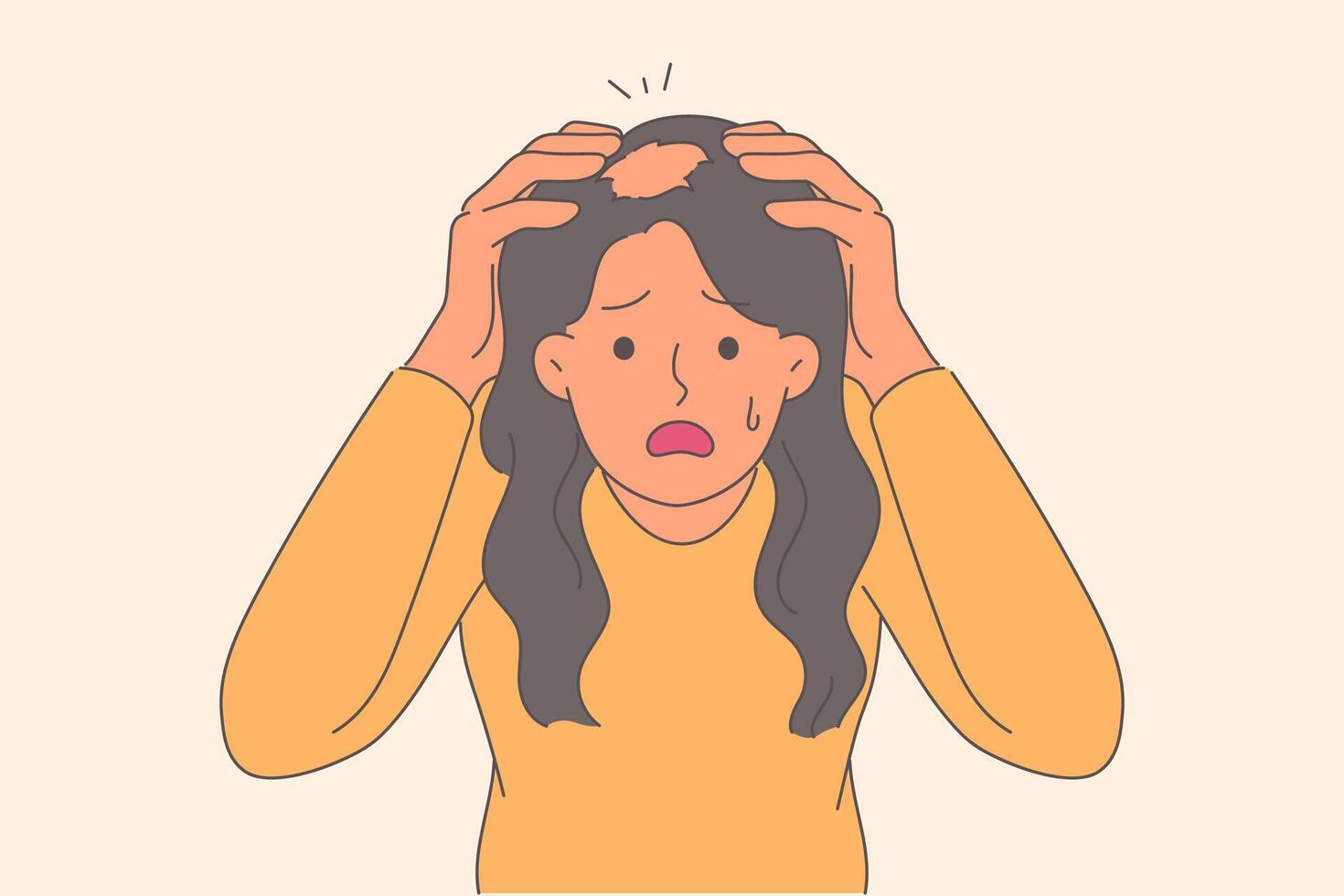 Ringworm on head of woman, puzzled by new disease that has ruined hair, stands with tears in eyes vector