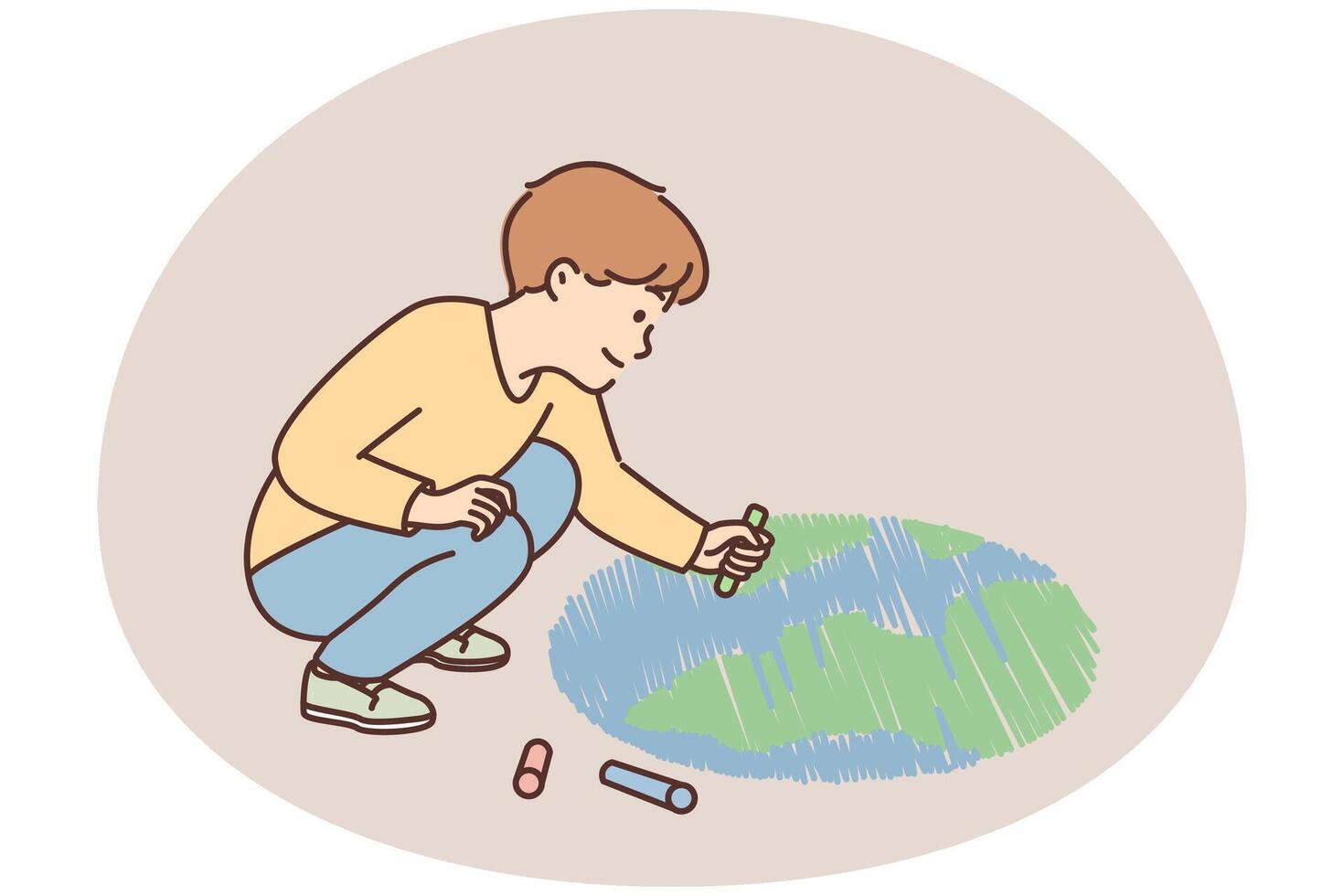 Smiling boy child draw planet on ground vector