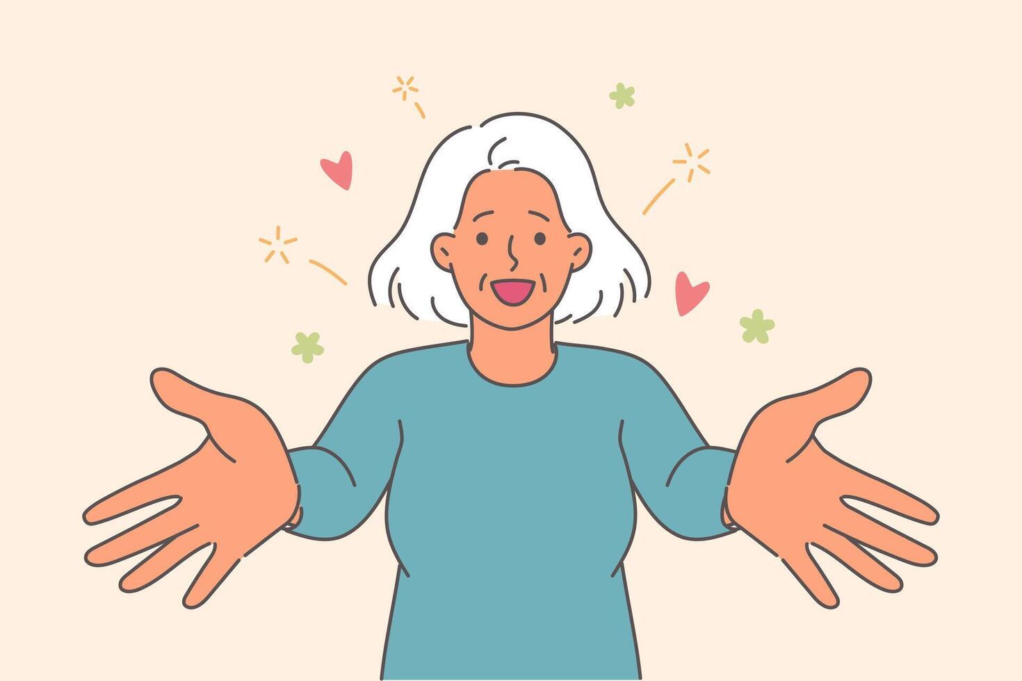 Older woman shows kindness and wants to hug or kiss you, extending arms towards screen vector
