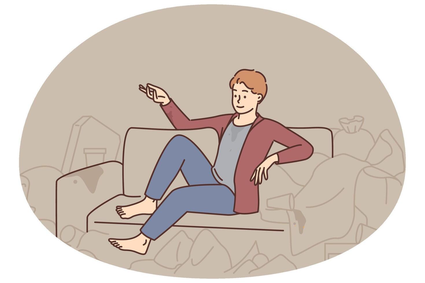 Man sit on sofa surrounded with trash vector