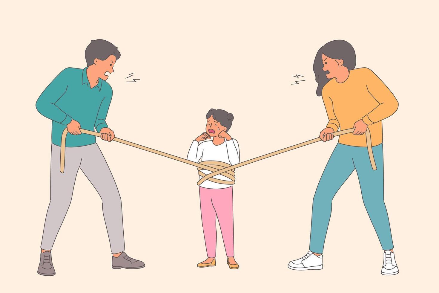 Child custody battle between parents pulling crying girl in different directions vector