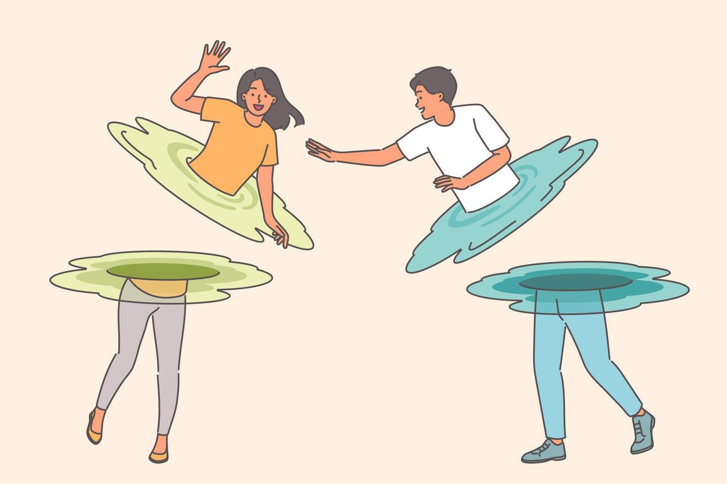 Man and woman teleport to move in space, and instantly appear at new destination vector