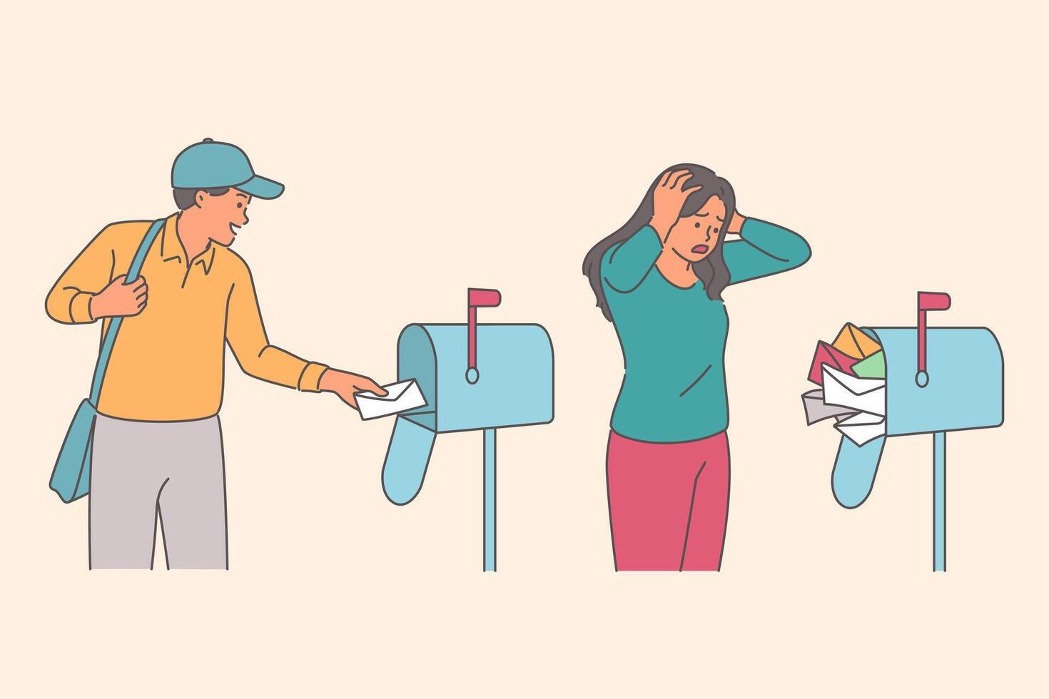 Puzzled woman looking at overflowing spam mailbox, standing near cheerful postman vector