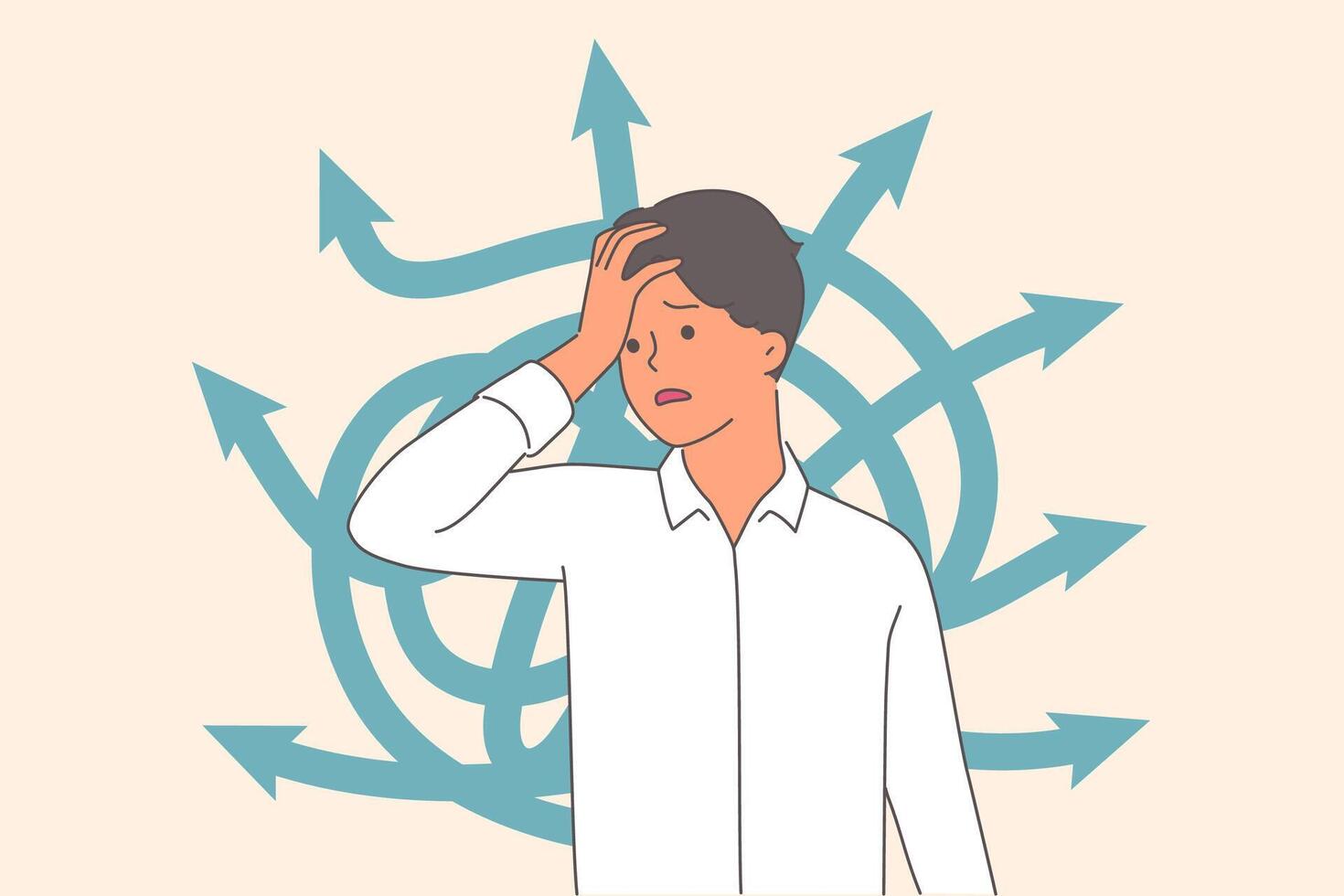 Business man is confused and suffers from confusing thoughts due to difficulty of choosing strategy vector
