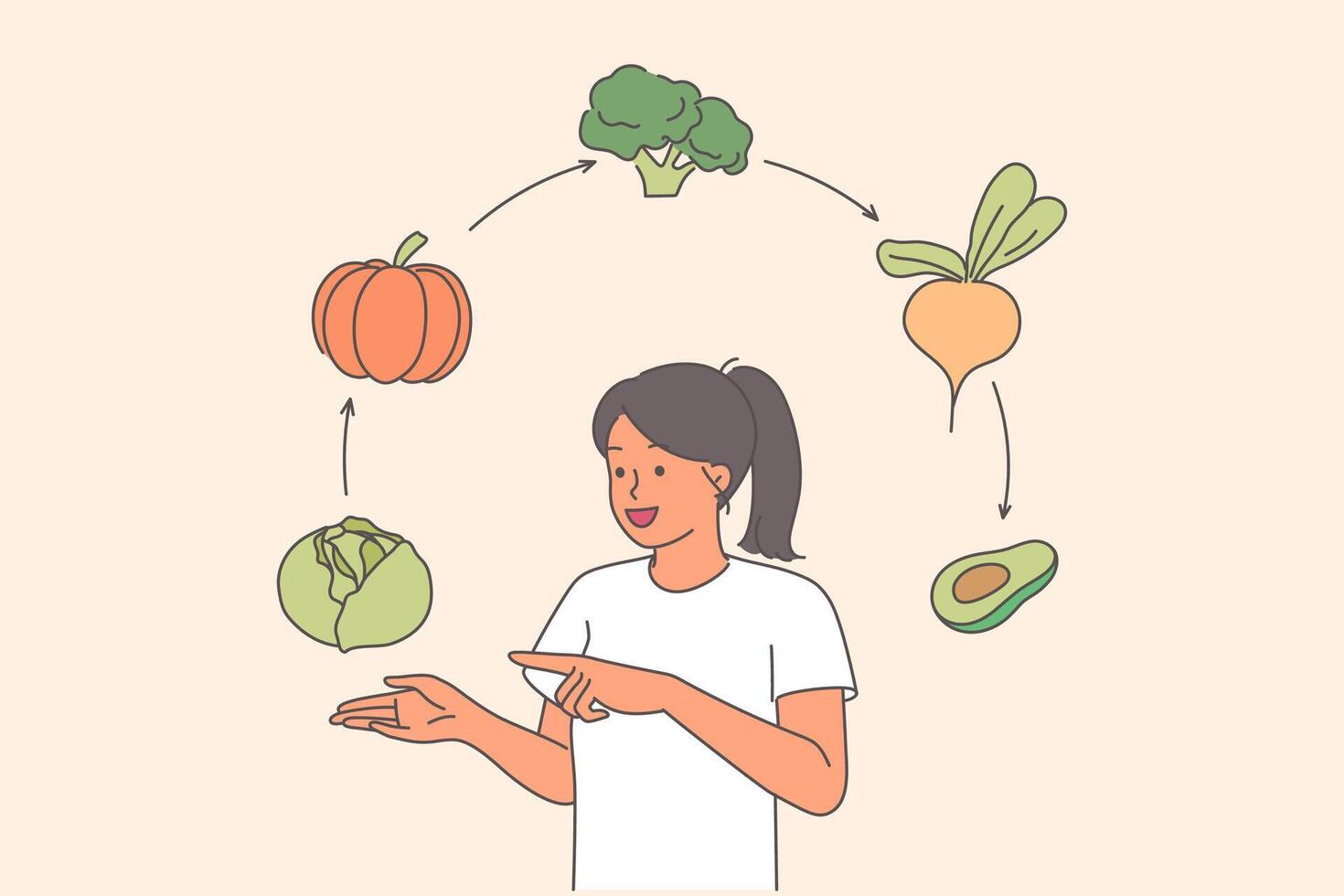 Vegetarian woman with fruits and vegetables for diet that allows to lead healthy lifestyle vector