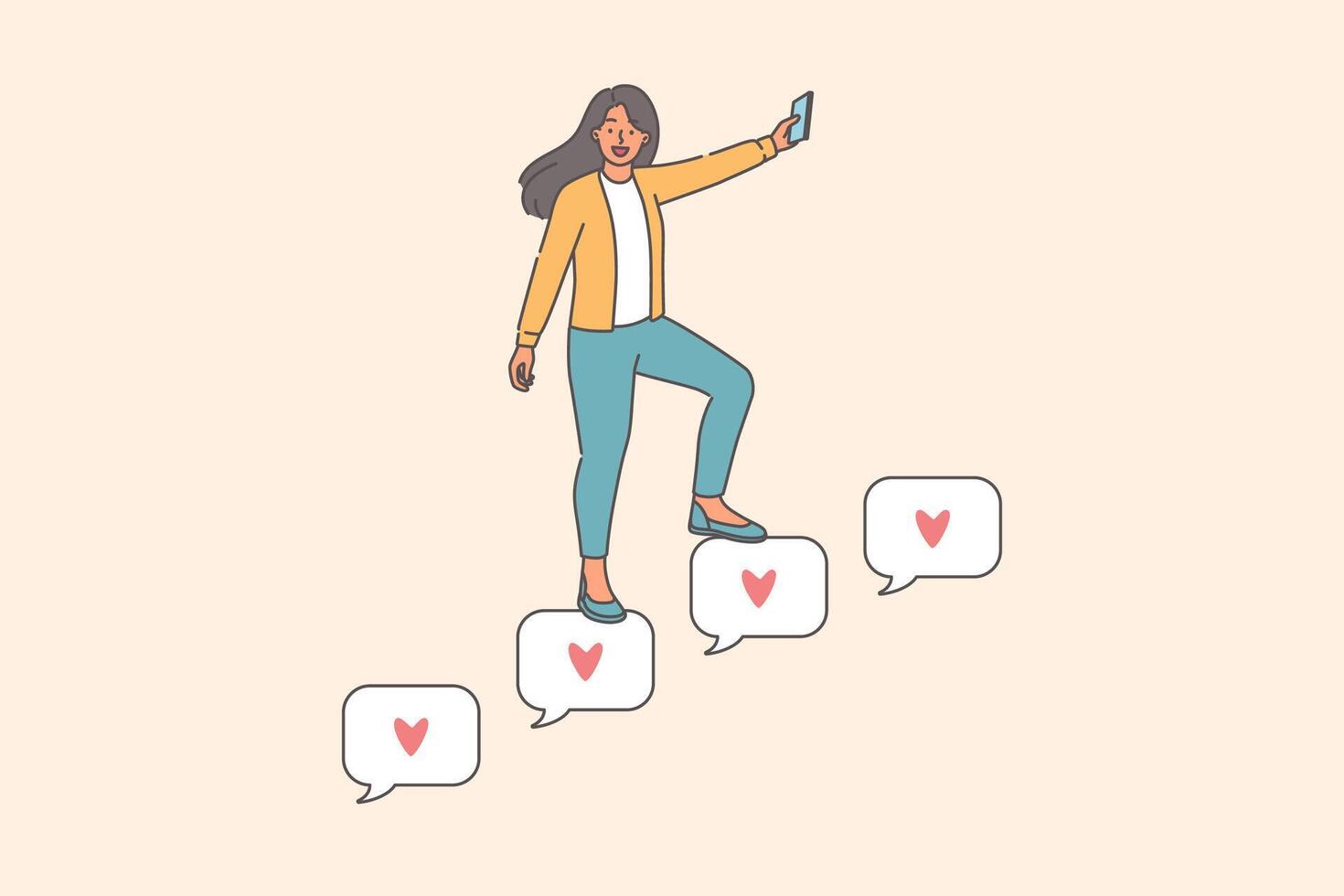 Successful woman blogger attracts subscribers and climbs ladder of likes from online fans vector