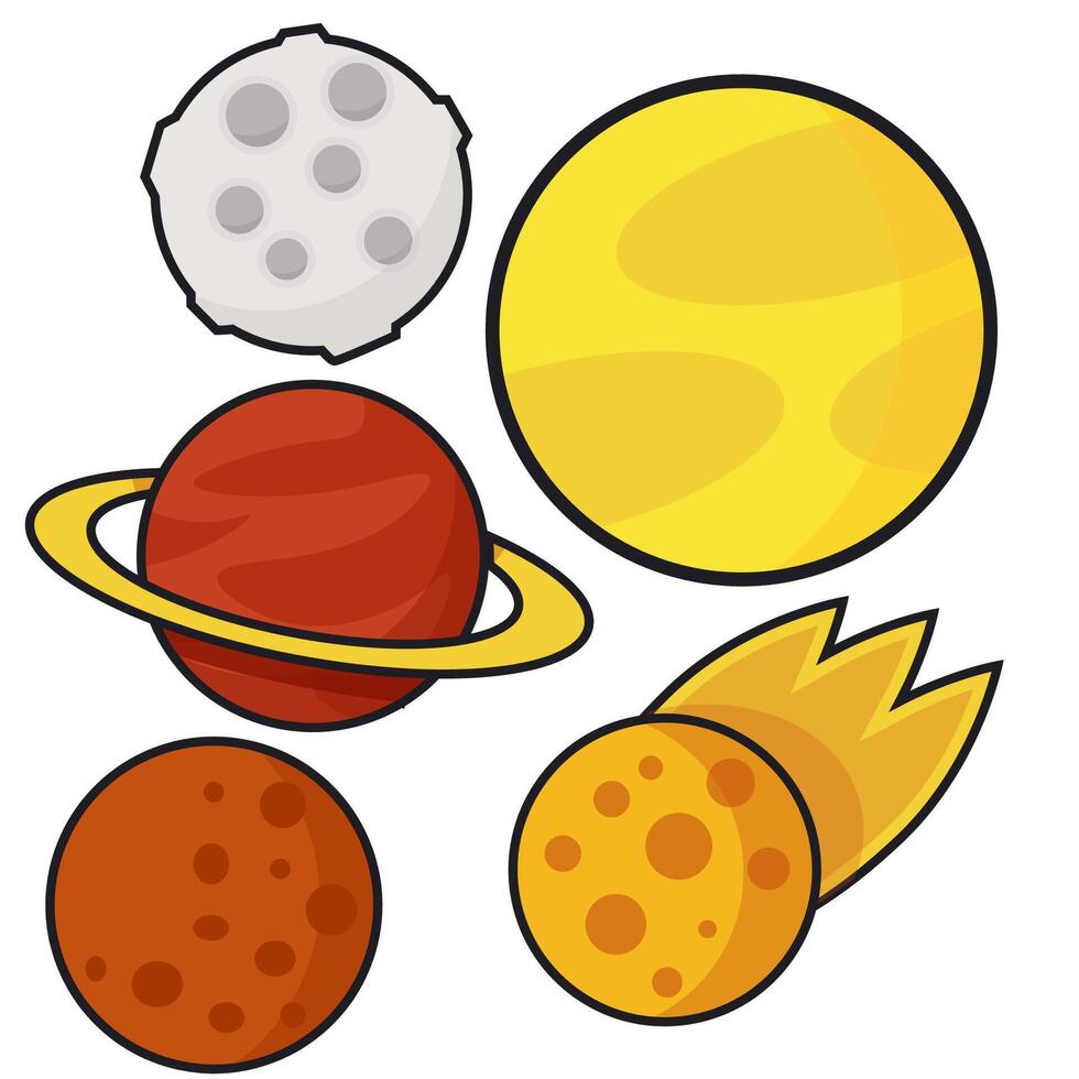 Set of Sun, Space Comet, Saturn and Moon vector