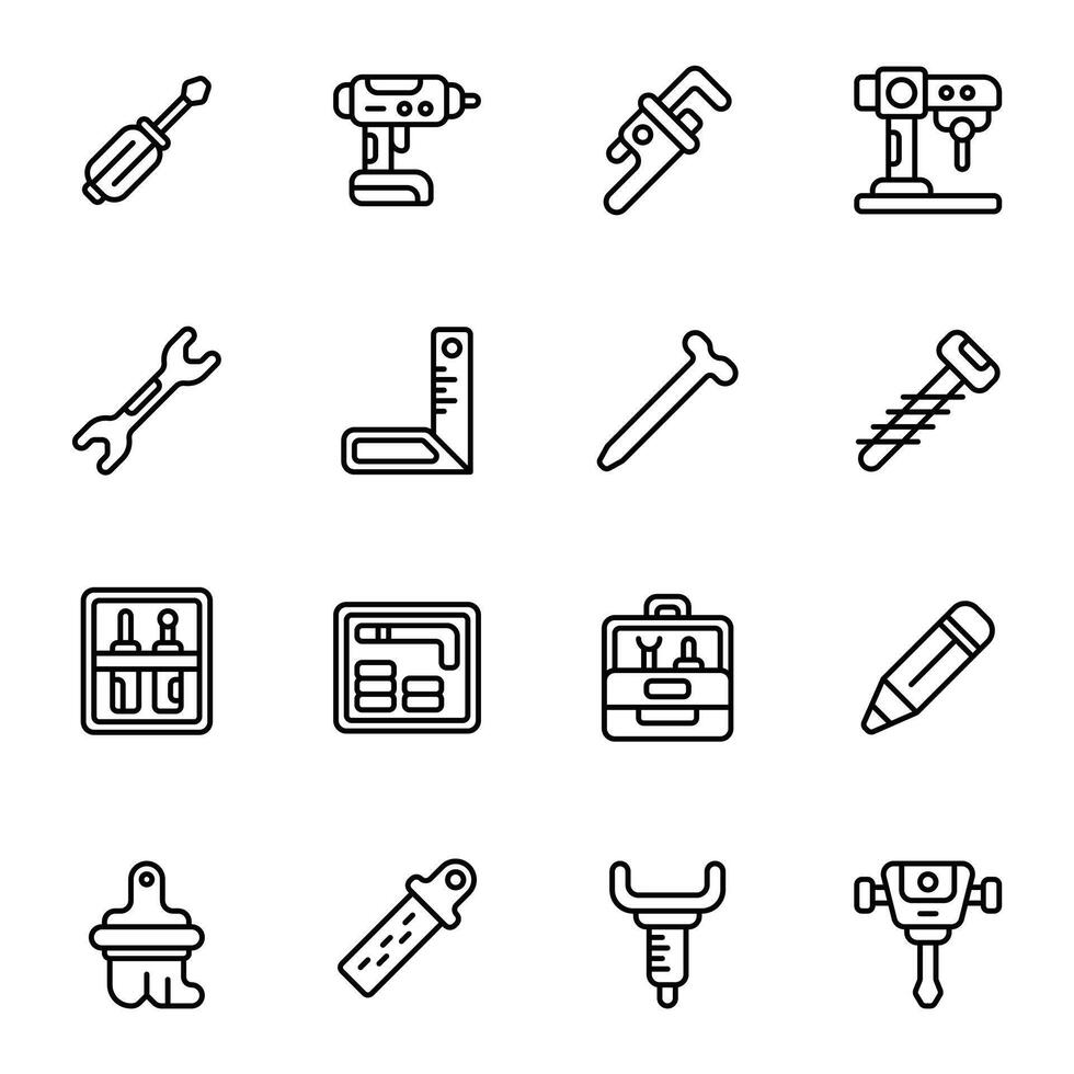 Screwdriver icon set. Includes brush, drill, screw, spanner, ruler, hydraulic breaker, and More. Outline icons vector