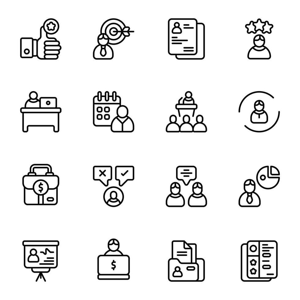 Employee icon set. Includes analytics, conference, meeting, resume, suitcase, worker, target, and More. Outline icons collection. vector