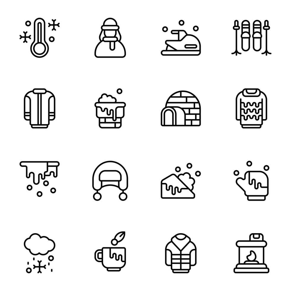 Winter icon set. Includes avalanche, coat, hail, glove, jet sky, sky, and More. Outline icons collection. vector