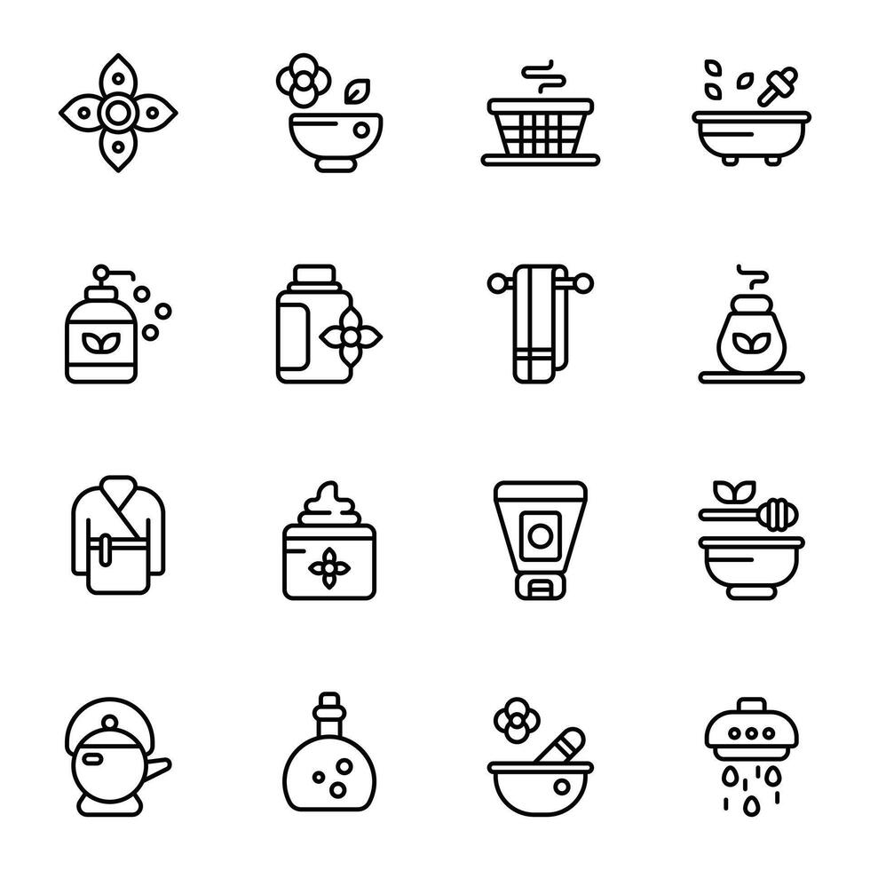 SPA icon set. Includes balm, grooming, honey, robe, relax, teapot, and More. Outline icons collection. vector
