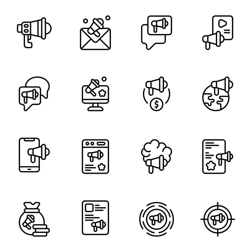 Megaphone icon set. Includes broadcast, conservation, global marketing, online marketing, money bag, target, and More. Outline icons collection. vector