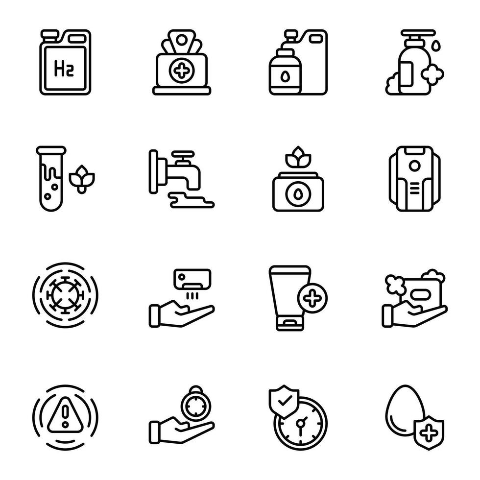 Hand Sanitiser icon set. Includes alcohol, antiseptic, treatment, tube, virus, medical, and More. Outline icons collection. vector