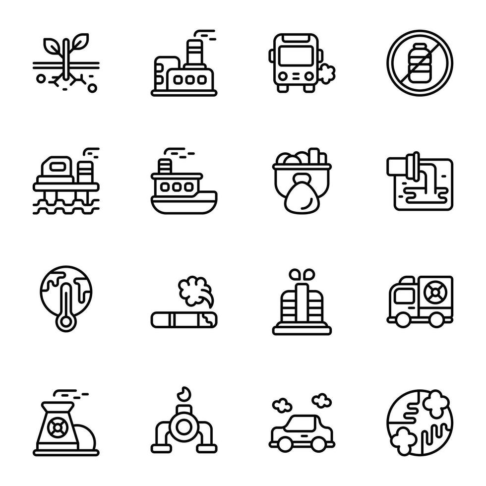 Pollution icon set. Includes factory, oil platform, nuclear plant, contamination, rubbish, and More. Outline icons collection. vector