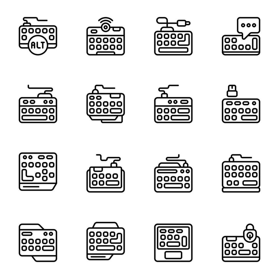 Keyboard icon set. Includes device, accessories, alt keyboard, computing, game, and More. Outline icons collection. vector