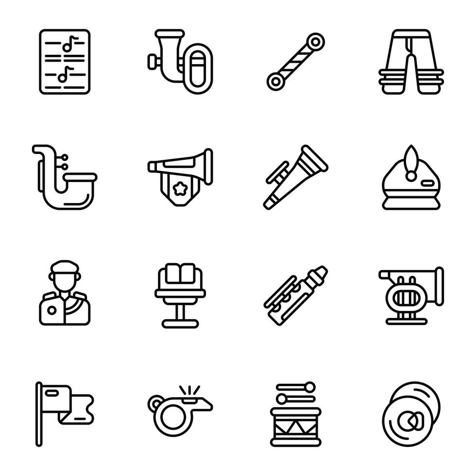 Marching Band icon set. Includes baton, clarinet, cymbar, piccolo, trumpet, tuba, saxophone, and More. Outline icons collection. vector