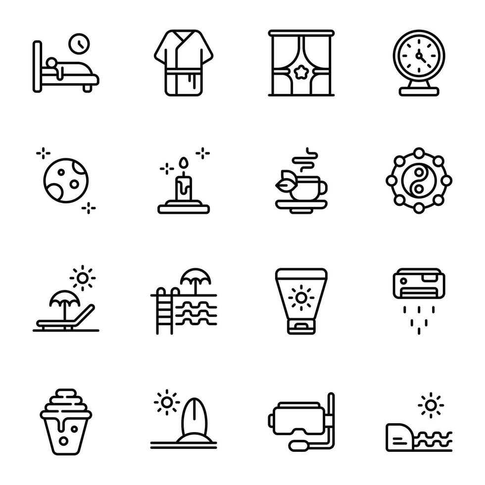 Relax icon set. Includes sunset, summer, sleeping, snorkel, swimming, pijamas, and More. Outline icons collection. vector