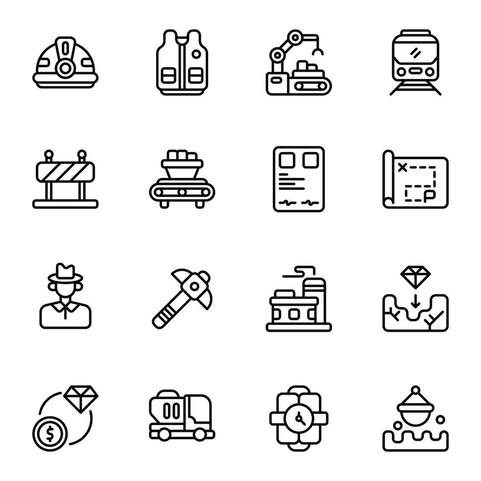 Gold Mine icon set. Includes barrier, conveyor, helmet, pick, train, vest, and More. ouline icons collection. vector