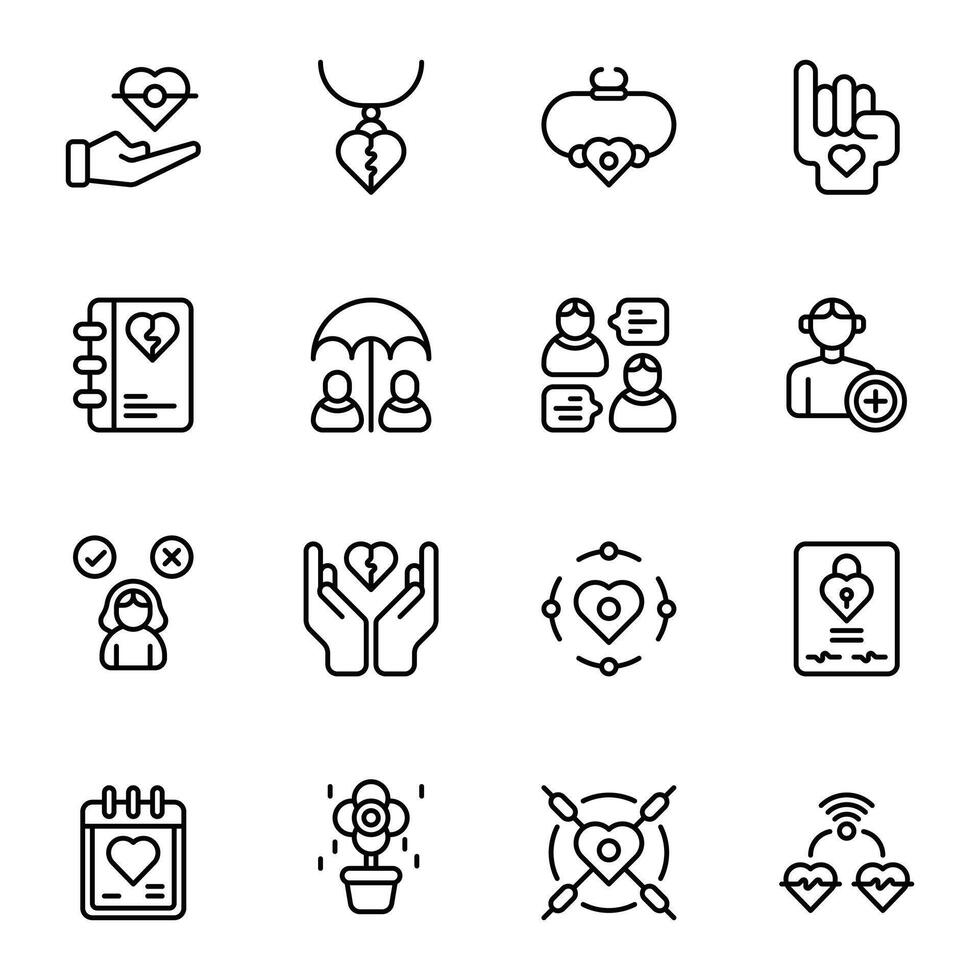 Friendship And Love icon set. Includes add friend, care, diary, pinky promise, umbrella, and More. Outline icons collection. vector