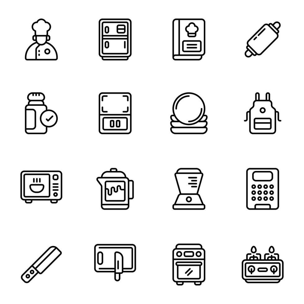 Kitchen icon set. Includes apron, blender, grater, kettle, plates, microwave, oven, and More. Outline icons collection. vector