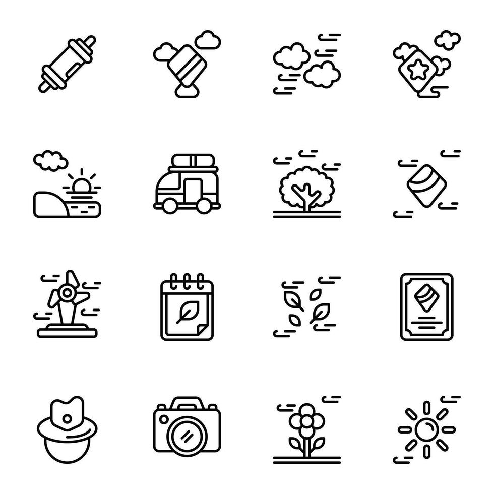 Kite icon set. Includes camera, cloud, hat, nature, playing, sky, summer, strong wind, and More. Outline icons collection. vector