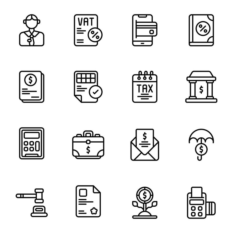 Taxes icon set. Includes book, card machine, flower, court, tax office, vat, and More. Outline icons collection. vector