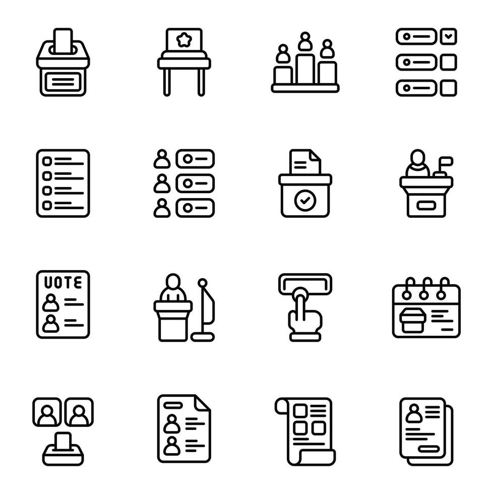 Election icon set. Includes ballot box, candidates, mayor, police, polling, survey result, and More. Outline icons collection. vector