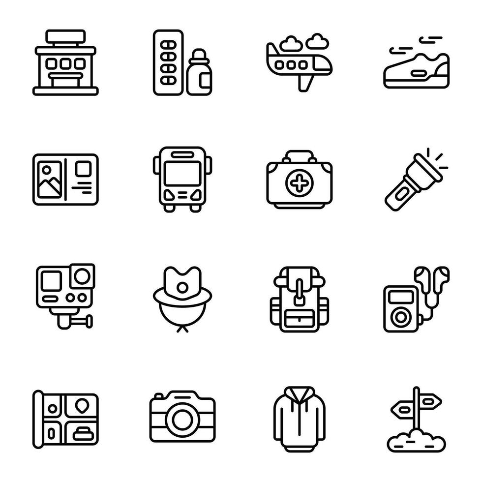 Travel Backpacker icon set. Includes airplane, flashlight, gopro, map, road sign, raincoat, and More. Outline icons collection. vector
