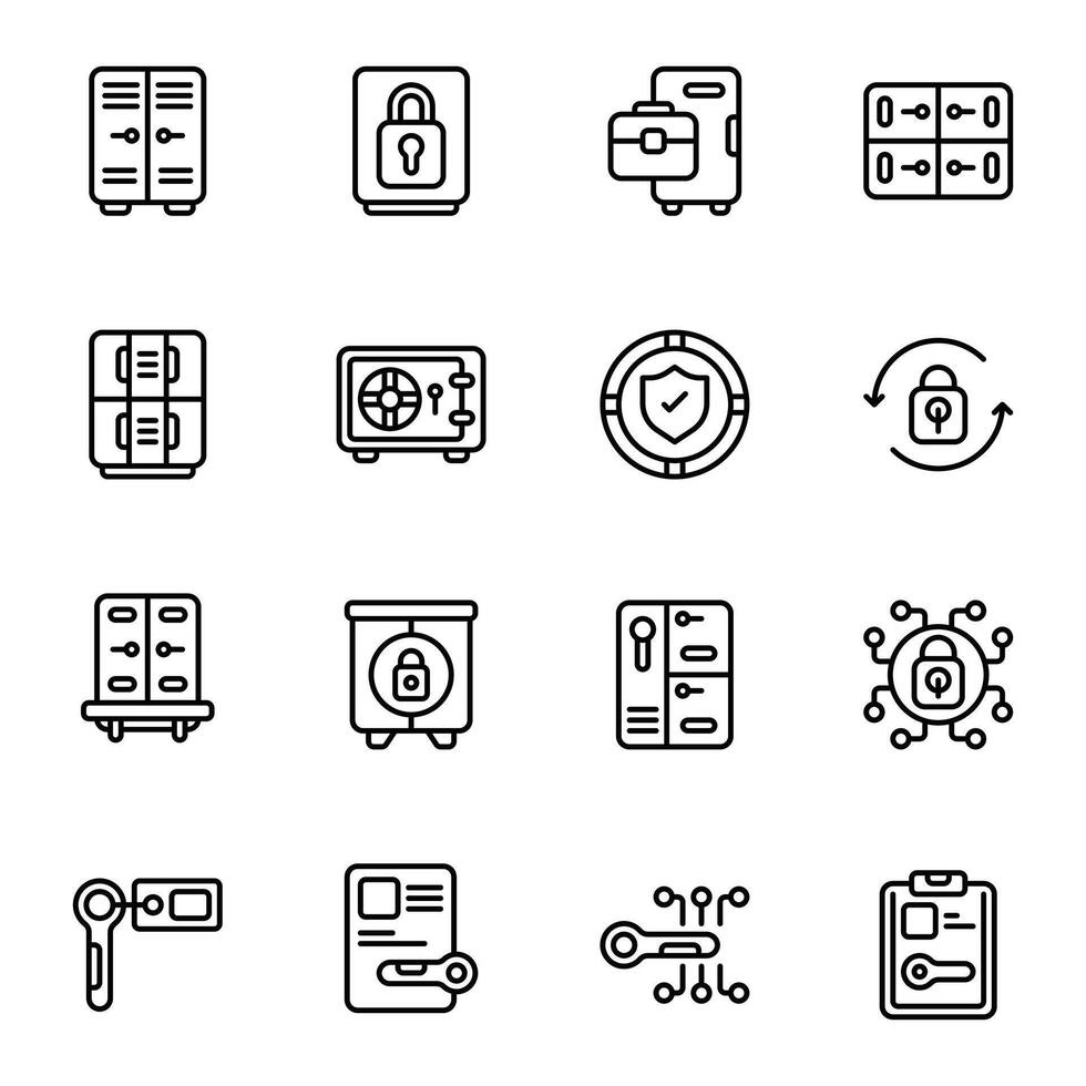 Locker icon set. Includes business, changing room, furniture, lock, safe locker, and More. Outline icons collection. vector