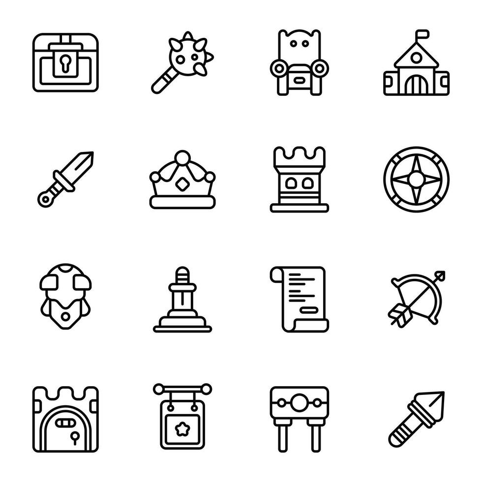 Medieval icon set. Includes armor, bow, crown, heraldic, mace, pillory, and More. Outline icons collection. vector