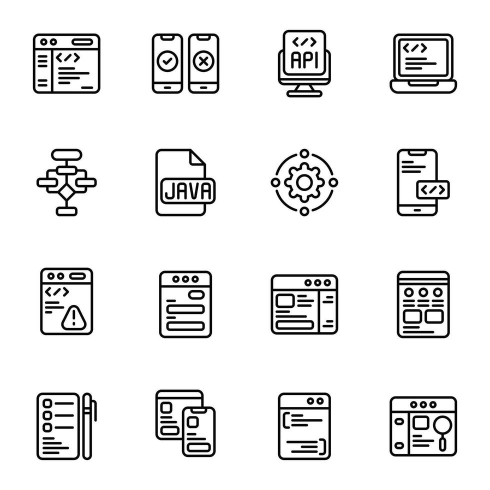 codificación icono colocar. incluye algoritmo, API, parte trasera, error, javascript, aterrizaje página, y más. contorno íconos recopilación. vector
