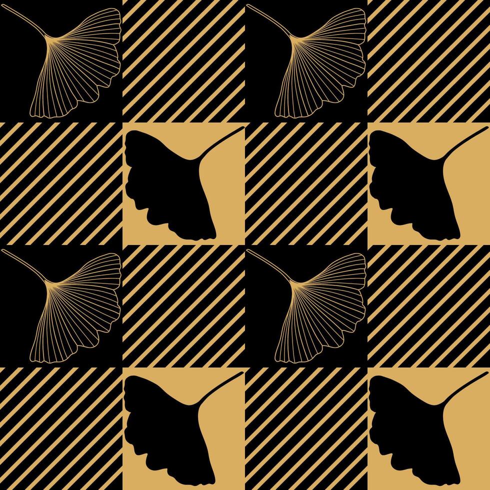 Ginkgo Biloba Leaves Gingham Plaid, Tartan Fabric Texture Seamless Pattern vector
