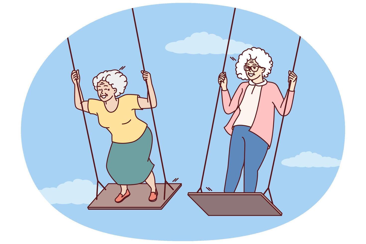Two elderly women enjoy swinging and enjoying happy old age and not having to go to work vector