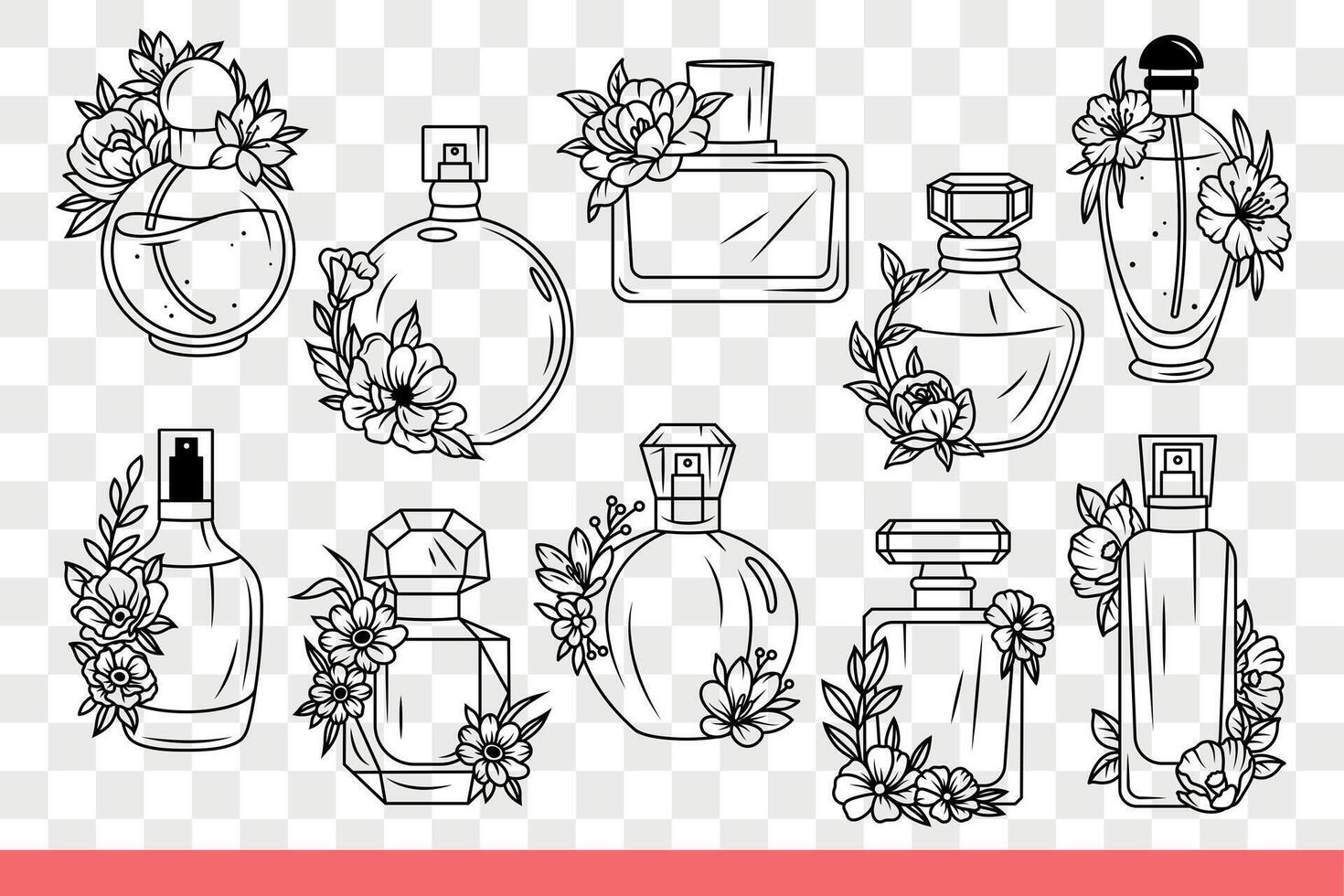 Luxury perfume bottles are decorated with flowers symbolizing natural aroma. Hand drawn doodle vector
