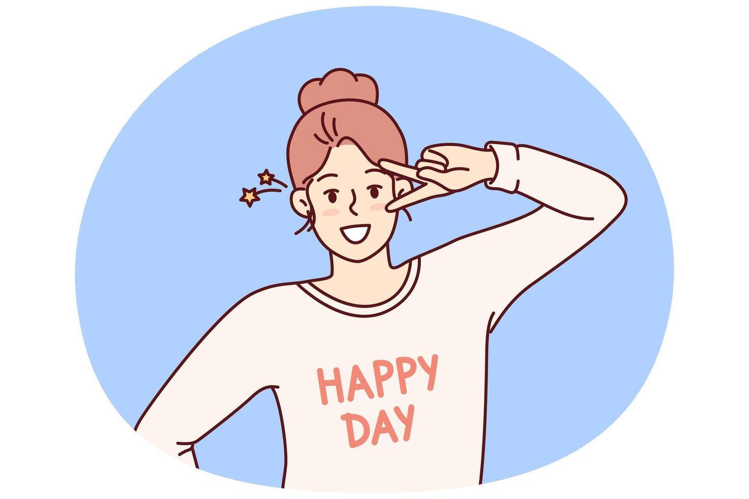 Happy woman waving hand demonstrating letter V with fingers and looking at camera wishing happy day vector